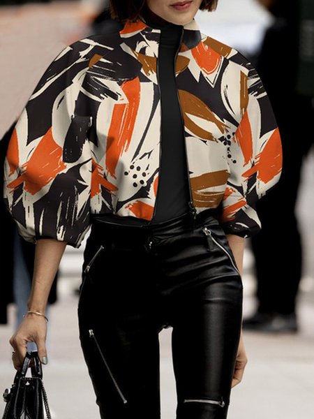 Stand Collar Abstract Loose Urban Jacket, As picture, Jackets