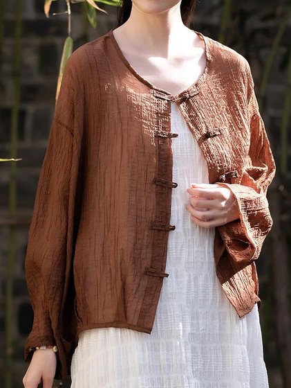 

Cotton And Linen Plain Crew Neck Casual Kimono, Coffee, Outerwear