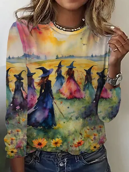 

Casual Halloween Crew Neck Long Sleeve T-shirt, Multicolor, T-shirts