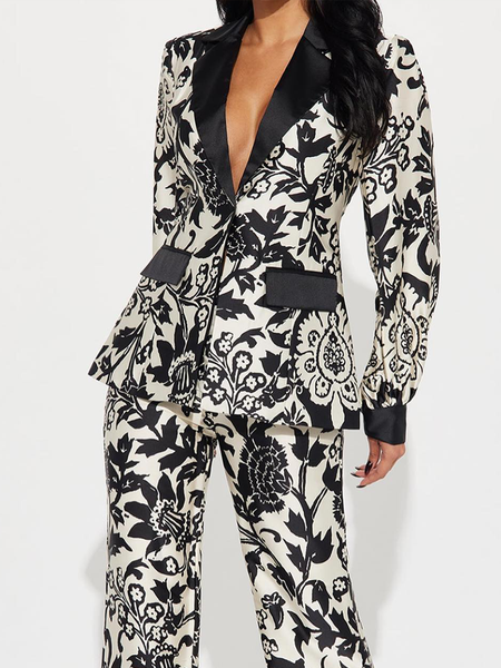 

Lapel Collar Pocket Stitching Regular Sleeve Long Sleeve Urban Floral Pattern Blazer, As picture, Blazers