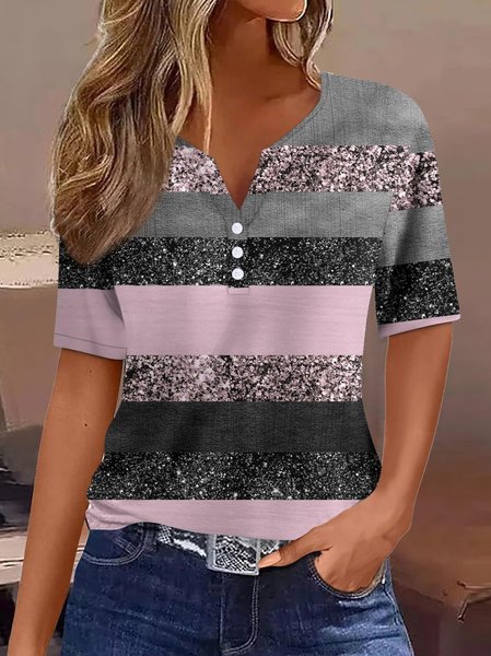 

Notched Casual Random Print Knitted T-Shirt, Black-pink, T-shirts