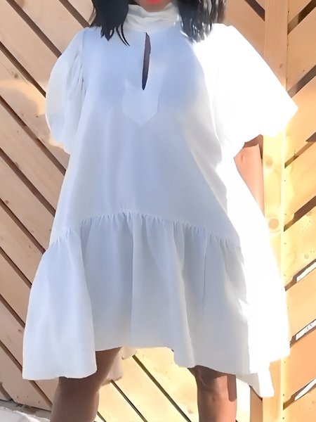 

Plain Puff Sleeve Pocket Stitching Stand Collar Vacation Mini Dress, White, Mini Dresses