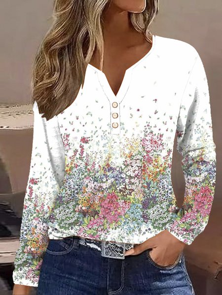 

Casual Floral V Neck Long Sleeve T-shirt, White, T-shirts