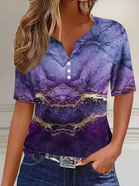 Casual Loose Abstract Notched T-Shirt, Purple, T-shirts