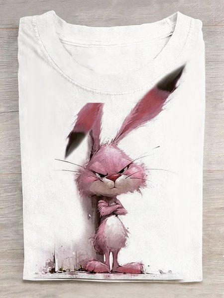

Funny Rabbit Short Sleeve Loose Crew Neck H-Line T-shirt, White, T-shirts