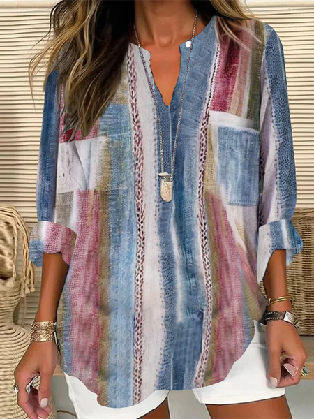 

Notched Long Sleeve Color Block Regular Loose Blouse For Women, Multicolor, Clothing