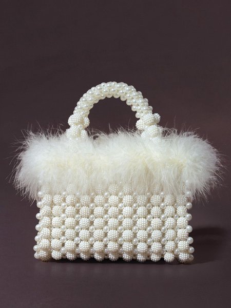

Elegant Faux Pearls Beaded Imitation Feather Handbag with Detachable Crossbody Strap, As picture, Bags