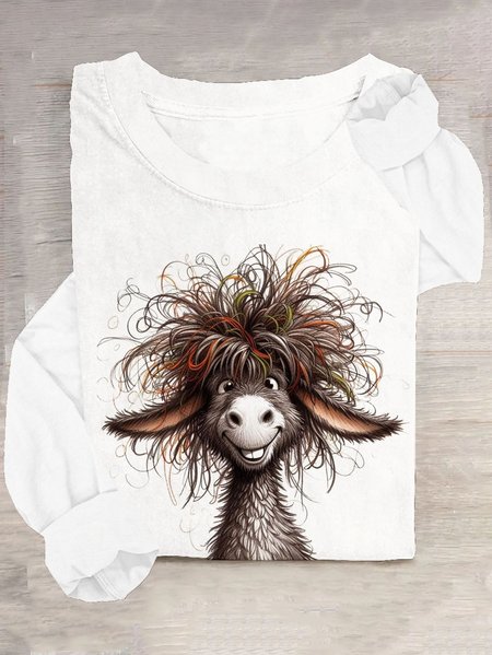 

Casual Animal Crew Neck Long Sleeve T-shirt, White, T-shirts