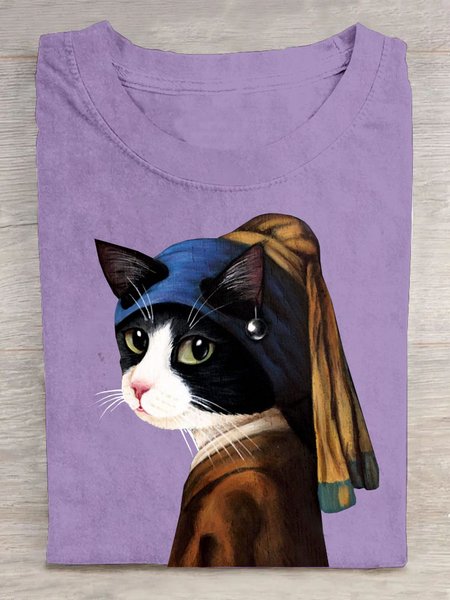 

Casual Cat Crew Neck Short Sleeve T-shirt, Purple, T-shirts