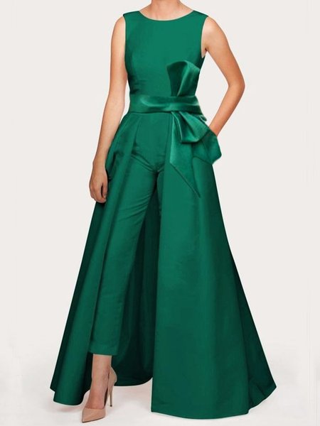 

Plain Elegant Pockets Crew Neck Bow Jumpsuit, Green, Jumpsuits