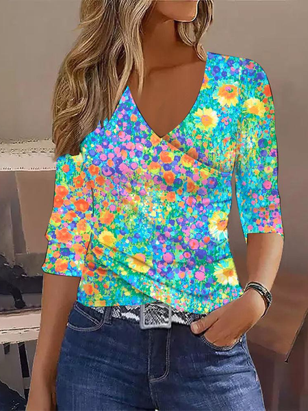 

V Neck Three Quarter Sleeve Floral Regular Micro-Elasticity Regular Fit Blouse For Women, Multicolor, Blouses