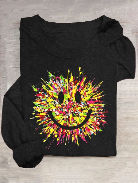 Funny Smiling Face Painting T-Shirt, Black, Long sleeves