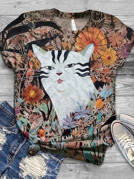 

Casual Cat Crew Neck Short Sleeve T-shirt, Orange, T-shirts