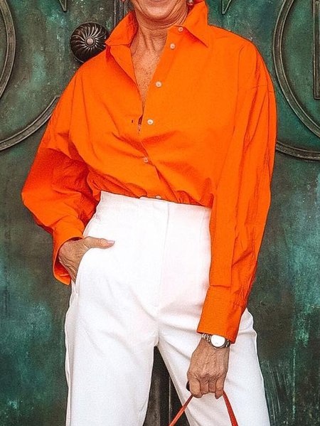 

Shirt Collar Urban Plain Loose Shirt, Orange, Blouses and Shirts