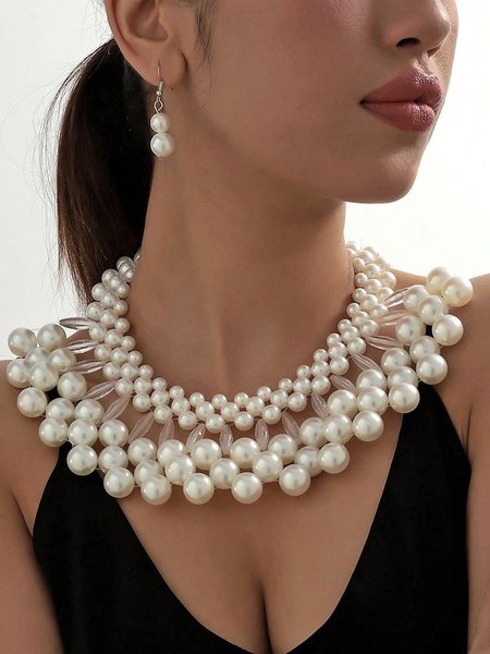 

1 Set Elegant Imitation Pearl Jewelry Set Exaggerated Beaded Necklace, As picture, Jewelry