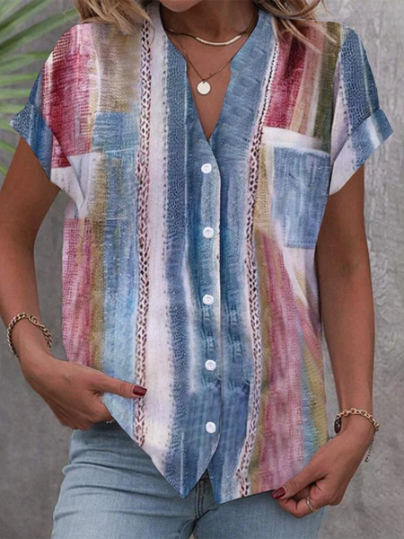 

V Neck Short Sleeve Color Block Regular Loose Shirt For Women, Multicolor, Clothing