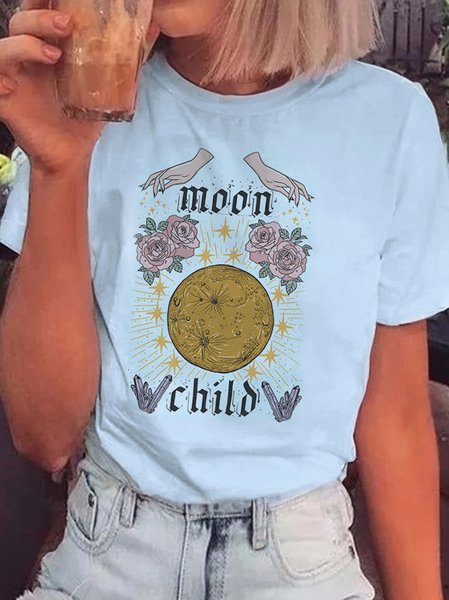 

Women's Short Sleeve Tee T-shirt Summer Letter Pattern Printing Cotton Crew Neck Daily Going Out Vintage Top Light Blue, T-Shirts