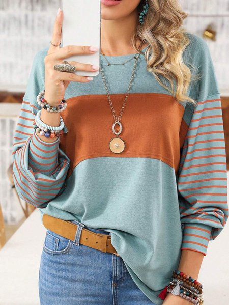 Crew Neck Long Sleeve Striped Regular Loose Blouse For Women, Lightgreen, Blouses