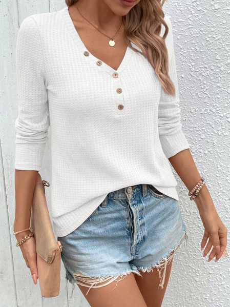 

Casual Plain V Neck Long Sleeve T-shirt, White, Blouses