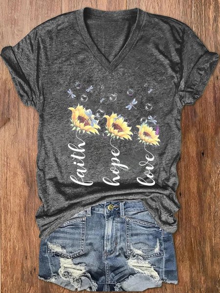 Summer Casual Floral And Dragonfly V Neck Short Sleeve T-shirt, Gray, T-shirts
