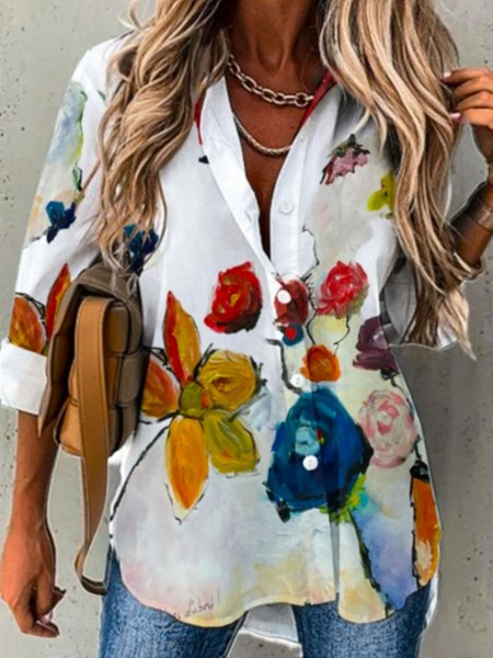 Shirt Collar Long Sleeve Floral Regular Loose Blouse For Women, Flower, Shirts