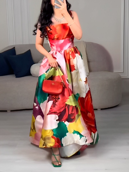 

Elegant Pocket Stitching Square Neck Regular Fit Party Maxi Dress, As picture, Maxi Dresses