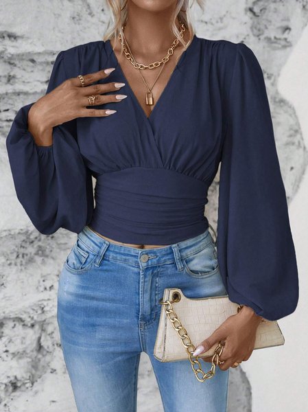 

V Neck Long Sleeve Plain Regular Loose Blouse For Women, Navyblue, Blouses