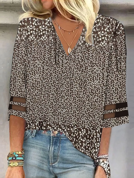 

V Neck Three Quarter Sleeve Ditsy Floral Mesh Regular Loose Blouse For Women, Coffee, Blouses