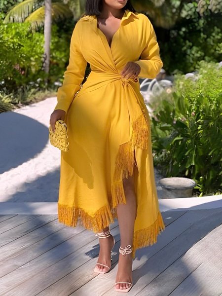 

Elegant Regular Sleeve Tassel Plain Dress, Yellow, Maxi Dresses