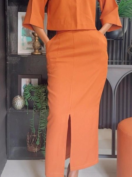 

Simple Regular Fit Plain Pockets Skirt, Orange, Skirts