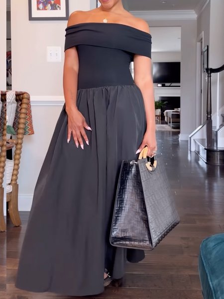 

Elegant Cold Shoulder Pockets Plain Dress, Black, Maxi Dresses
