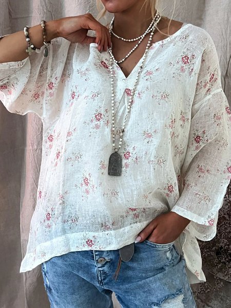 

Notched Loose Floral Vacation Shirt, White, Blouses & Shirts
