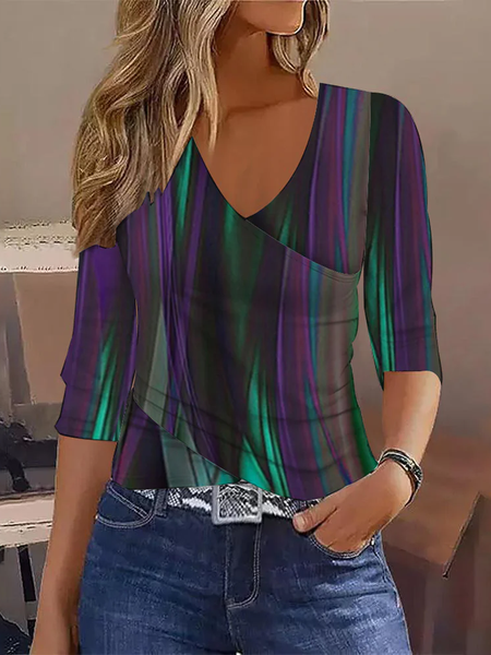 

V Neck Three Quarter Sleeve Striped Regular Micro-Elasticity Regular Fit Blouse For Women, Multicolor, Blouses