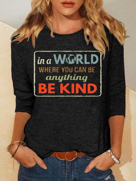 

Casual Letter Pattern Crew Neck Long Sleeve T-shirt, Black, T-shirts