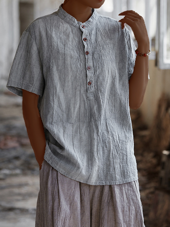 

Shawl Collar Casual Cotton And Linen Plain Shirt, Gray, Blouses & Shirts