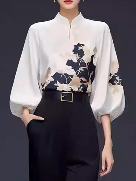 

Elegant Stand Collar Balloon Sleeve Blouse, White, Blouses and Shirts
