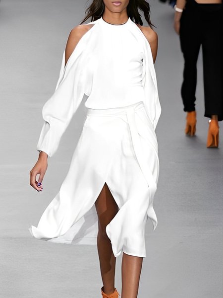 

Plain Crew Neck Elegant Off Shoulder Sleeve Dress, White, Midi Dresses
