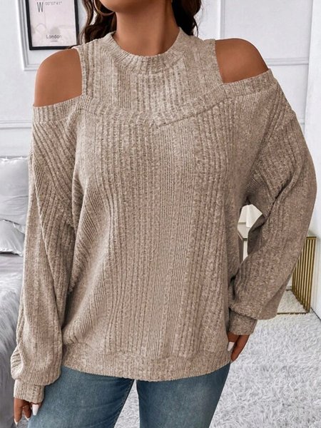 

Crew Neck Long Sleeve Plain Regular Loose Blouse For Women, Apricot, Blouses