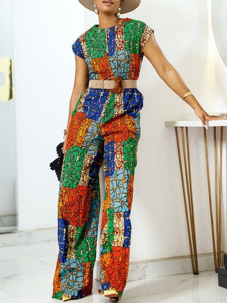 

Vacation Regular Fit Colorblock Crew Neck Pockets Jumpsuit, As picture, Jumpsuits