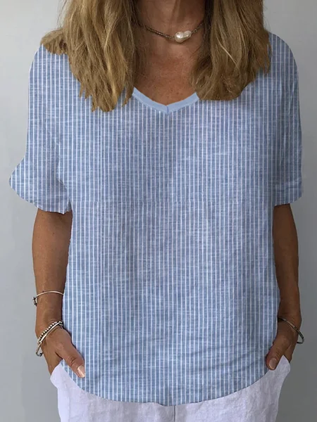

Casual Striped V Neck Short Sleeve T-shirt, Blue, Blouses