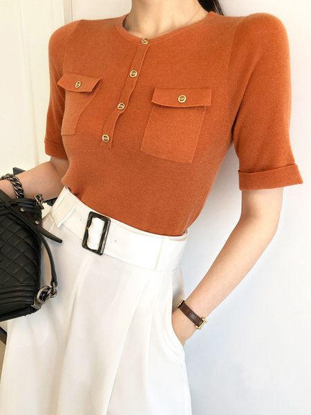 

Plain Daily Crew Neck Pockets Buttoned Sweater, Orange, Pullovers