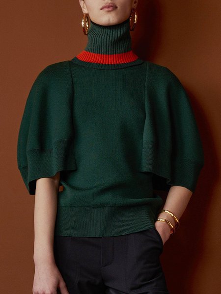 

Turtleneck Half Sleeve Color Block Urban Loosen Sweater, Dark green, Pullovers