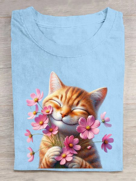 

Casual Floral Crew Neck Short Sleeve T-shirt, Light blue, T-shirts