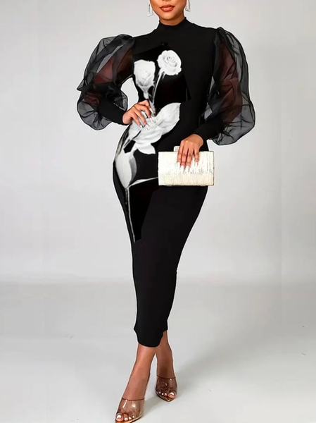

Plus Size Floral Tight Elegant Turtleneck Maxi Dress, Black, Plus Dresses
