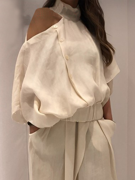 

Plus Size Plain Loose Casual Stand Collar Shirt, As picture, Plus Tops