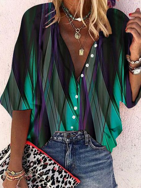Long Sleeve Random Print Regular Loose Shirt For Women, Green, Shirts