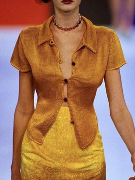 

Plain Regular Fit Casual Short Sleeve Shirt Collar Cardigan, Mustard, Cardigans