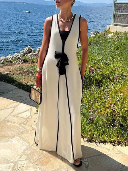 

Vacation Color Block Sweater Dress With Strapless Vest, Beige, Maxi Dresses