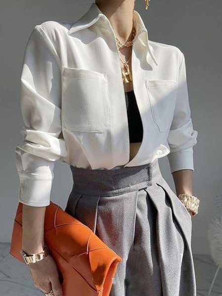 

Loose Regular Sleeve Pocket Stitching Urban Shirt, White, Blouses and Shirts