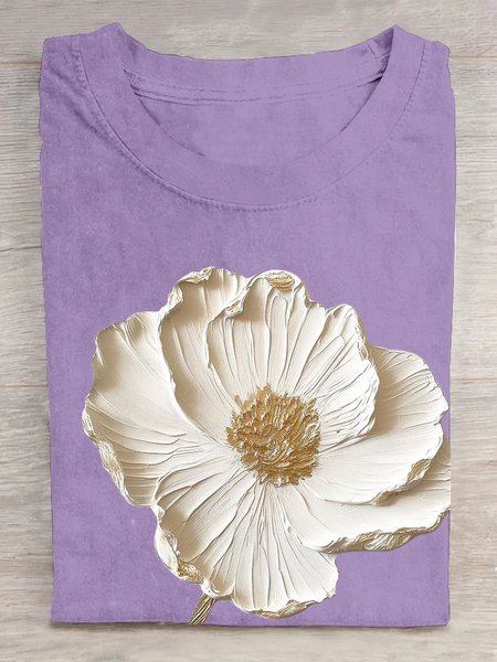 

Casual Floral Crew Neck Short Sleeve T-shirt, Purple, T-shirts